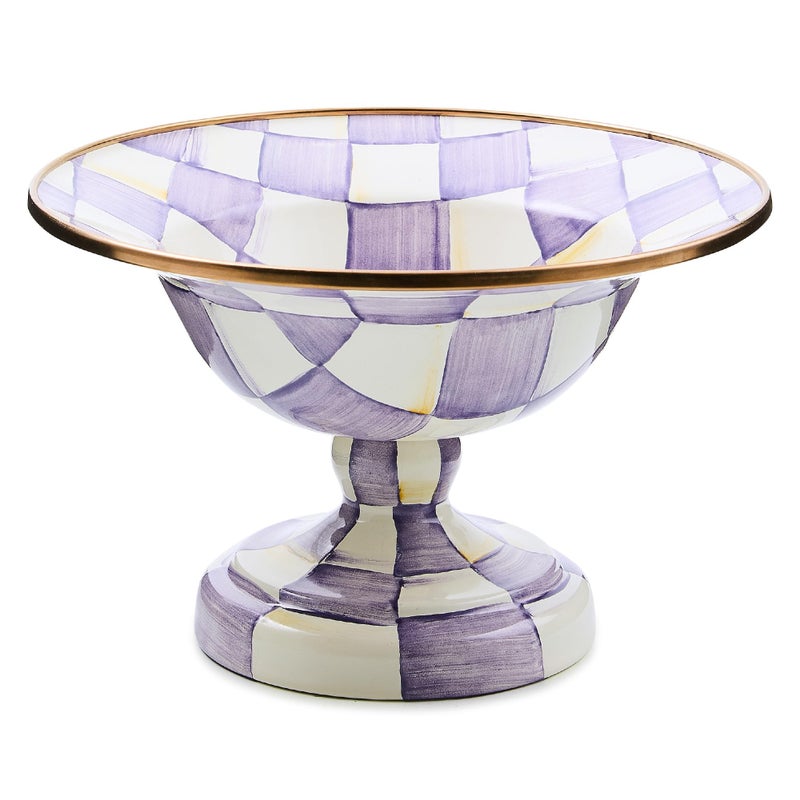 mackenzie childs MACKENZIECHILDS Enamel Compote Pedestal Serving Dish or Decorative Bowl Small PurpleandWhite Violet Check - Image 3
