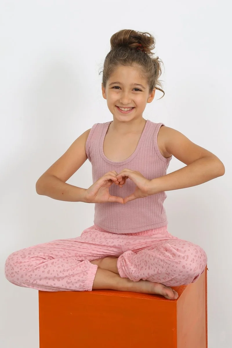 Akbeniz Girl's Zero Sleeve Dusty Rose Combed Cotton Pajama Set 20433