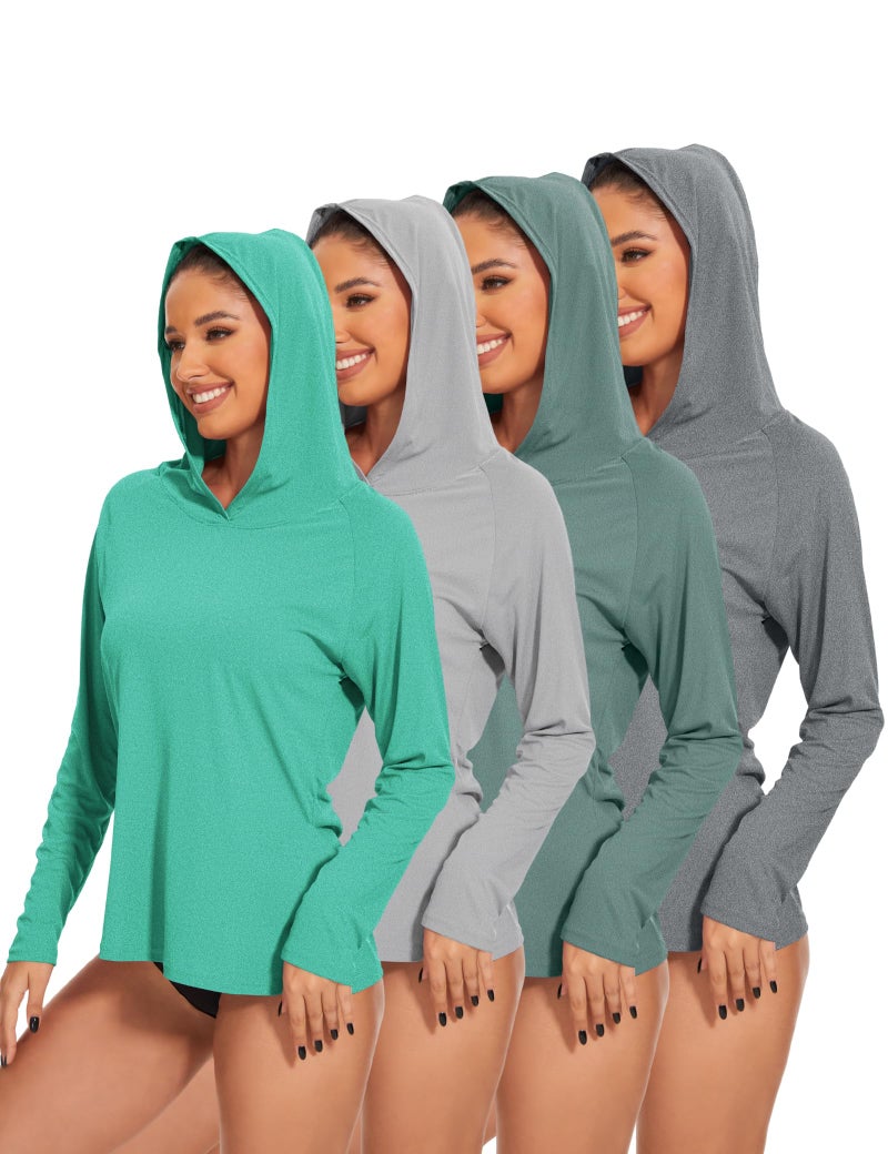 Kinglaman 4 Pack Women's Sun Protection UPF 50+ Hoodie SPF Long Sleeve Hiking Fishing UV Athletic Shirts Lightweight 1 Grey 1 Heather Grey 1 Dark Green 1 Green Large - Image 1