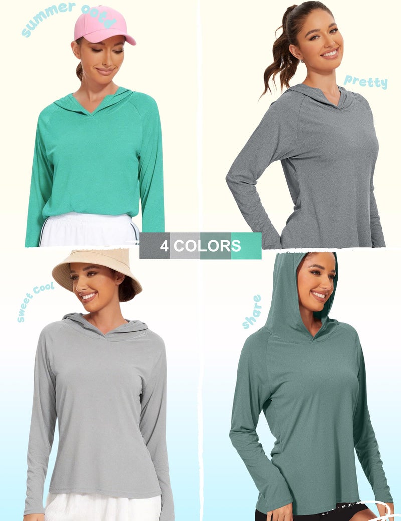 Kinglaman 4 Pack Women's Sun Protection UPF 50+ Hoodie SPF Long Sleeve Hiking Fishing UV Athletic Shirts Lightweight 1 Grey 1 Heather Grey 1 Dark Green 1 Green Large - Image 2