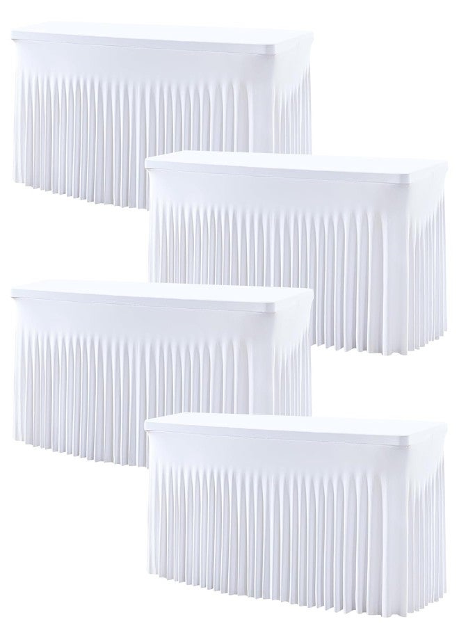 HB HBB MAGIC 4 Pack White Spandex Table Covers & Table Skirt for 6FT Rectangle Tables - Fitted 6 Foot Stretch Fabric Tablecloth with Pleats, Wrinkle Free for Weddings, Parties, Craft Fairs & Folding Tables - Image 1