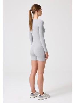 Los Ojos x Melodi Gray Melange Ribbed Long Sleeve Short Jumpsuit Romper  - Image 3