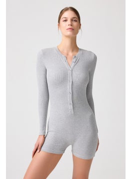 Los Ojos x Melodi Gray Melange Ribbed Long Sleeve Short Jumpsuit Romper  - Image 1