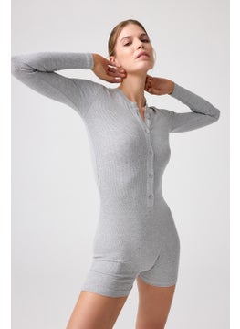 Los Ojos x Melodi Gray Melange Ribbed Long Sleeve Short Jumpsuit Romper  - Image 5