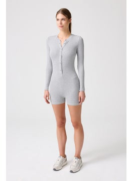 Los Ojos x Melodi Gray Melange Ribbed Long Sleeve Short Jumpsuit Romper  - Image 2