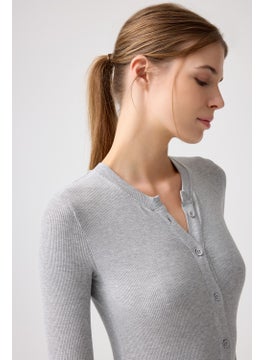 Los Ojos x Melodi Gray Melange Ribbed Long Sleeve Short Jumpsuit Romper  - Image 4