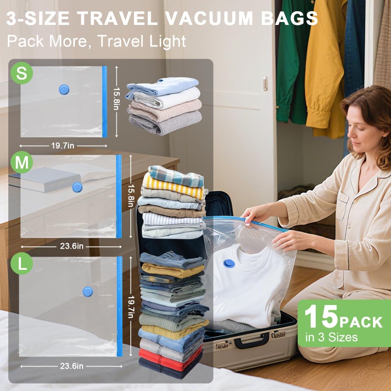 Mapambo 15 Pack Vacuum Seal Bags for Clothing Travel with -60000Pa USB Pump, Save 80% of Space for Clothes (15 Combo) - Image 5