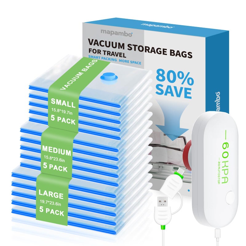 Mapambo 15 Pack Vacuum Seal Bags for Clothing Travel with -60000Pa USB Pump, Save 80% of Space for Clothes (15 Combo) - Image 1