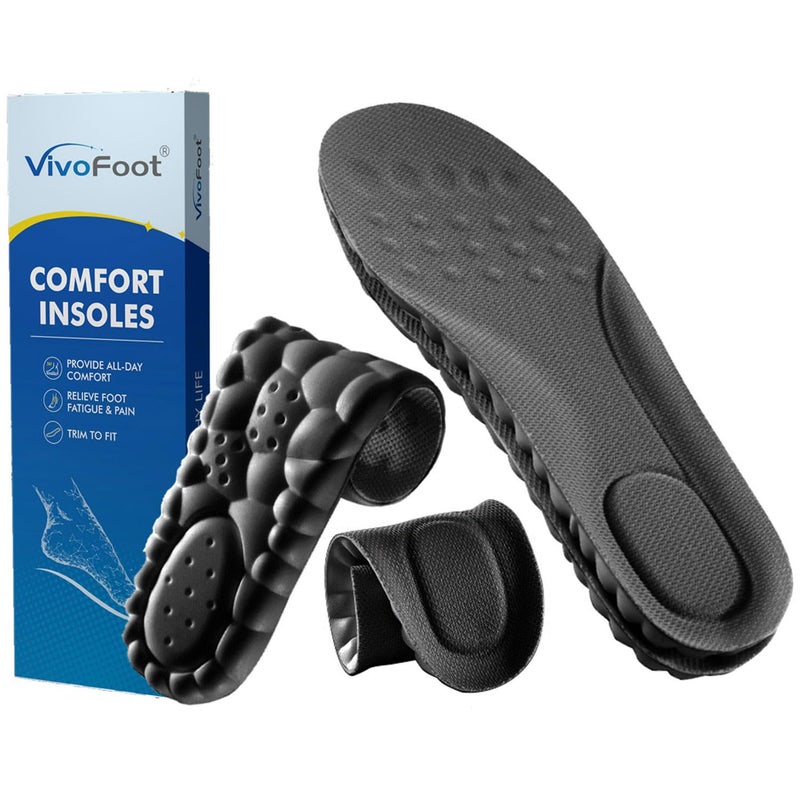 VivoFoot 2 Pair Foam Insoles, 4D Cloud Soles, Anti-Fatigue Pain Relief Work Sports Running Comfort Shoe Inserts, Trim to Fit Replacement Pads for Men Women(Men 7-11,Black) - Image 1