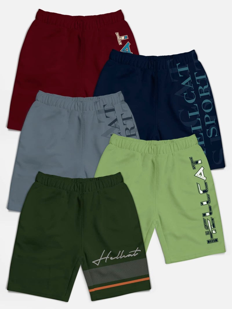 HELLCAT Pack of 5 Trendy Typographic Printed Mid Rise Shorts for Boys - Olive Green/Jade Green/Dark Grey/Navy Blue/Burgundy / 5-6 Years - Image 2