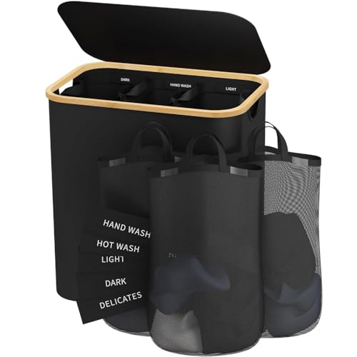 Bathola Laundry Hamper with Lid, 160L Dirty Clothes Hamper for Laundry Basket 3 Section, Extra Large Laundry Sorter Hamper 3 Compartment with Removable Inner Bags & Labels, Black - Image 1