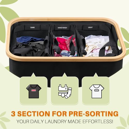 Bathola Laundry Hamper with Lid, 160L Dirty Clothes Hamper for Laundry Basket 3 Section, Extra Large Laundry Sorter Hamper 3 Compartment with Removable Inner Bags & Labels, Black - Image 3