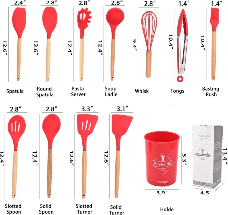 ELEXIQ Kitchen Utensils Set, 12 pcs Non-Stick Silicone Cooking Kitchen Utensils Spatula Set with Holder, Cooking Spatula Turner Heat Resistant Tools with Wooden Handle (RED) - Image 2
