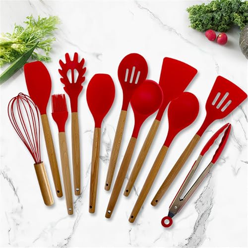 ELEXIQ Kitchen Utensils Set, 12 pcs Non-Stick Silicone Cooking Kitchen Utensils Spatula Set with Holder, Cooking Spatula Turner Heat Resistant Tools with Wooden Handle (RED) - Image 3