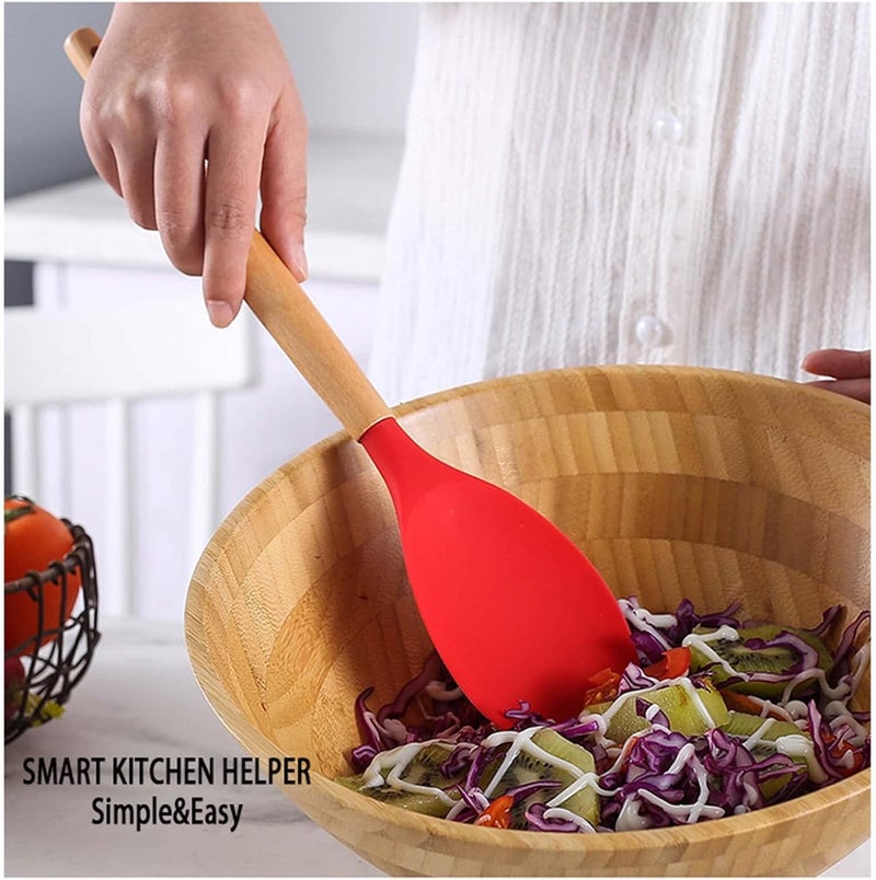 ELEXIQ Kitchen Utensils Set, 12 pcs Non-Stick Silicone Cooking Kitchen Utensils Spatula Set with Holder, Cooking Spatula Turner Heat Resistant Tools with Wooden Handle (RED) - Image 5