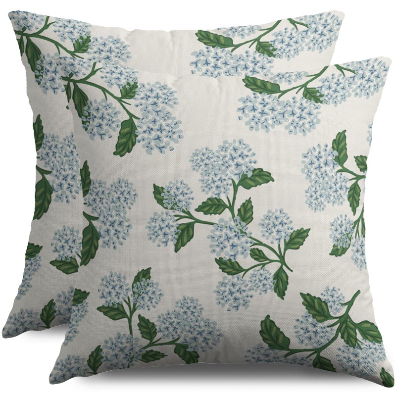 Smozenith Hydrangea Floral Pillow Covers 18X18 Set of 2 Blue Green Leaves Print Pattern Decorative Throw Pillow Covers Outdoor Farmhouse Rustic Cushion Cases Couch Sofa Bed Decor