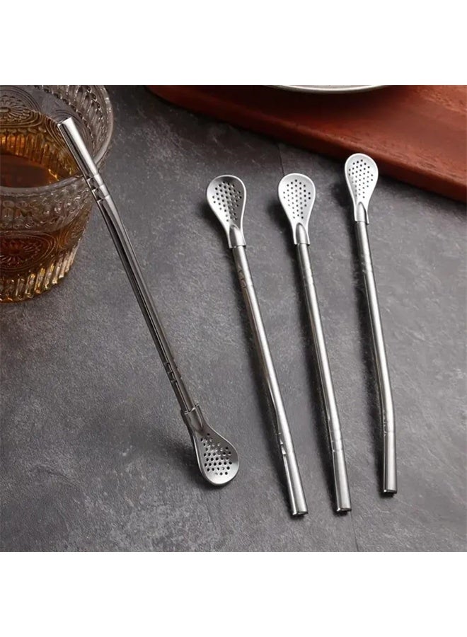 هومستر ماتي القش، 4 قطع يربا ماتي شاي بومبيلا شراب القش مع فرشاة تنظيف مجموعة، فضية - Image 2