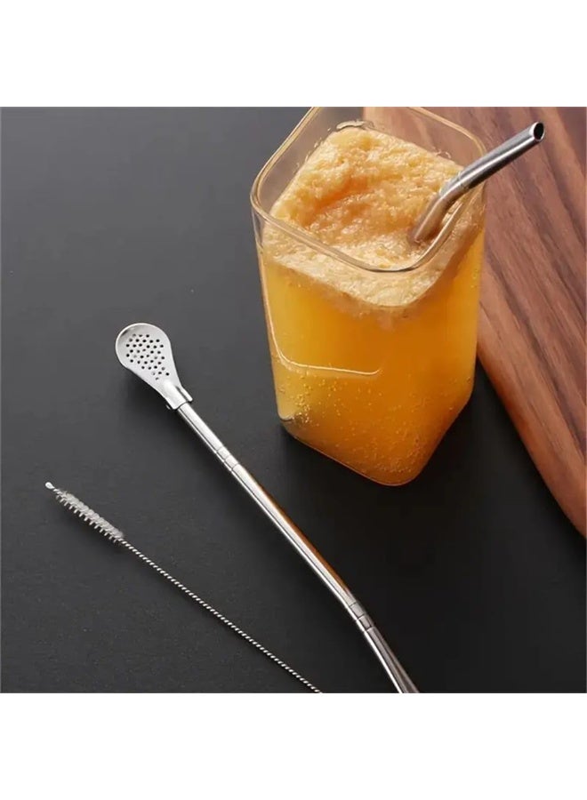 هومستر ماتي القش، 4 قطع يربا ماتي شاي بومبيلا شراب القش مع فرشاة تنظيف مجموعة، فضية - Image 3