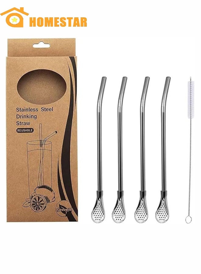 هومستر ماتي القش، 4 قطع يربا ماتي شاي بومبيلا شراب القش مع فرشاة تنظيف مجموعة، فضية - Image 1