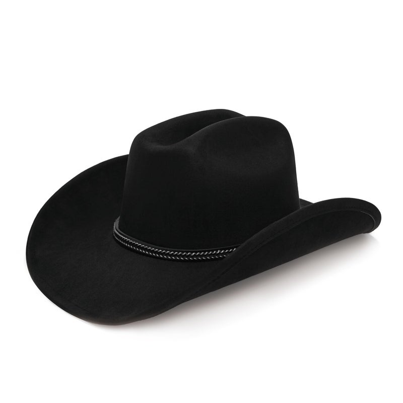 YOUBADU Faux Suede Felt Western Cowboy Hat for Women or Men, Wide Brim, Rivet Strap (US, Alpha, One Size, Medium, Crown Black Braid) - Image 2
