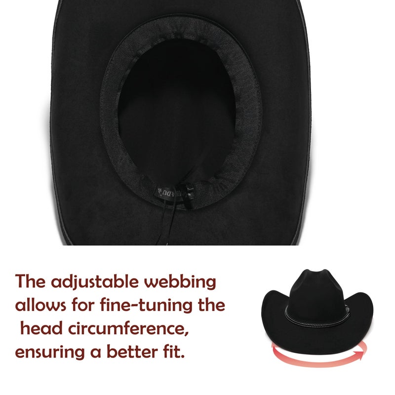YOUBADU Faux Suede Felt Western Cowboy Hat for Women or Men, Wide Brim, Rivet Strap (US, Alpha, One Size, Medium, Crown Black Braid) - Image 4