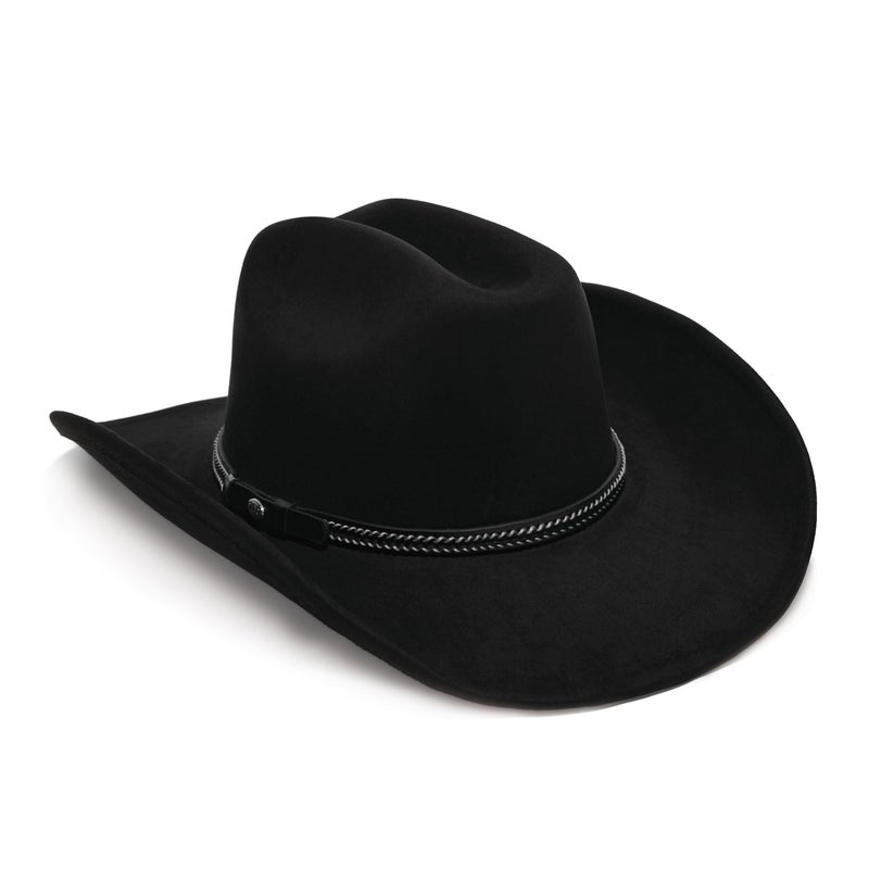 YOUBADU Faux Suede Felt Western Cowboy Hat for Women or Men, Wide Brim, Rivet Strap (US, Alpha, One Size, Medium, Crown Black Braid) - Image 1