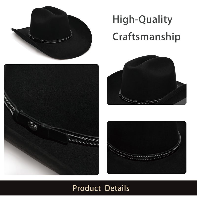 YOUBADU Faux Suede Felt Western Cowboy Hat for Women or Men, Wide Brim, Rivet Strap (US, Alpha, One Size, Medium, Crown Black Braid) - Image 5