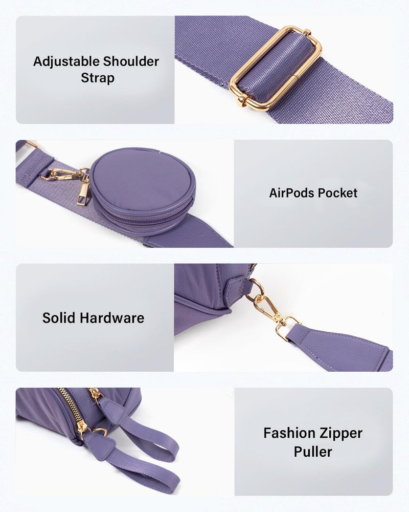 Valentoria 2 in 1 Nylon Crossbody Bags for Women Spacious Bum Bags for Women Crossbody Large Fanny Pack with Removable Wallets Purse Belt Pouch (Cloudy Purple) - Image 5