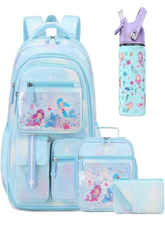 ACESAK Kids School Backpack for Girls, Mermaids Bookbag Backpack with 14OZ Kids Water Bottle, Blue, 4cs Backpack Jar Set - Image 1