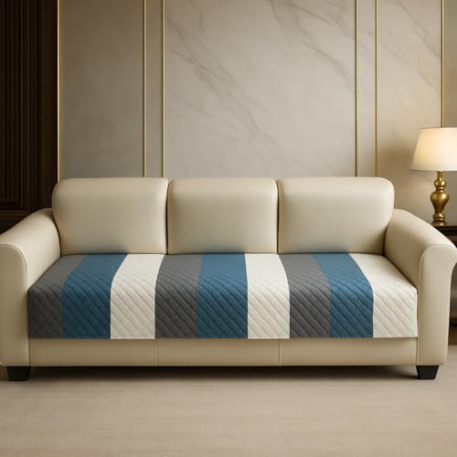 KINGLY Tariff Aqua Stripes Quilted Velvet L-Shape Sofa Cover - L-Shape 6-Seater (3+3) - Calming Coastal Feel - Easy Maintenance - Washable Quick-Dry - Breathable Fabric - Seat-Only Protector - Image 2