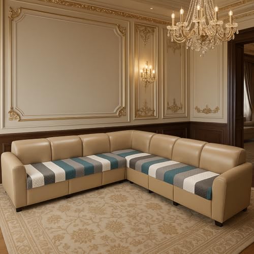 KINGLY Tariff Aqua Stripes Quilted Velvet L-Shape Sofa Cover - L-Shape 6-Seater (3+3) - Calming Coastal Feel - Easy Maintenance - Washable Quick-Dry - Breathable Fabric - Seat-Only Protector - Image 1
