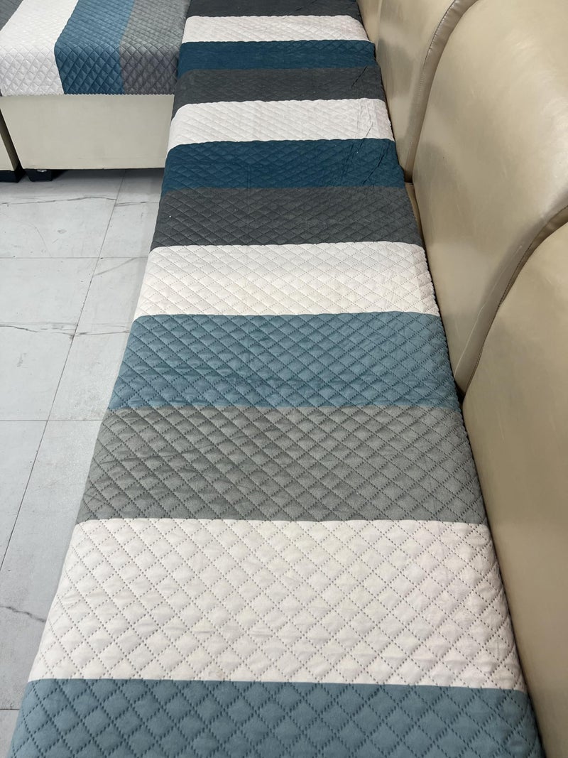 KINGLY Tariff Aqua Stripes Quilted Velvet L-Shape Sofa Cover - L-Shape 6-Seater (3+3) - Calming Coastal Feel - Easy Maintenance - Washable Quick-Dry - Breathable Fabric - Seat-Only Protector - Image 4