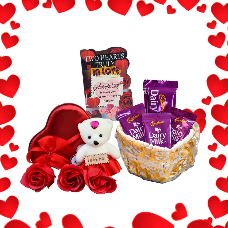 Saugat Traders Love Gift for Girlfriend Wife Boyfriend Greeting Card Heart Shape Box with Teddy and Red Rose Flowers Basket with Chocolates Valentine Day - Image 1