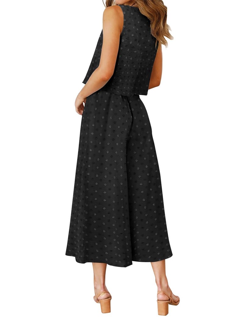 ROYLAMP Women's Summer 2 Piece Outfits Round Neck Crop Basic Top Cropped Wide Leg Pants Set Jumpsuits Black Swiss Dot XS - Image 3