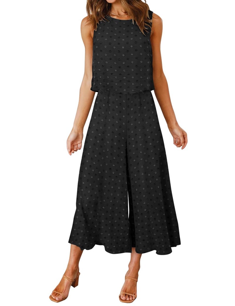 ROYLAMP Women's Summer 2 Piece Outfits Round Neck Crop Basic Top Cropped Wide Leg Pants Set Jumpsuits Black Swiss Dot XS - Image 1
