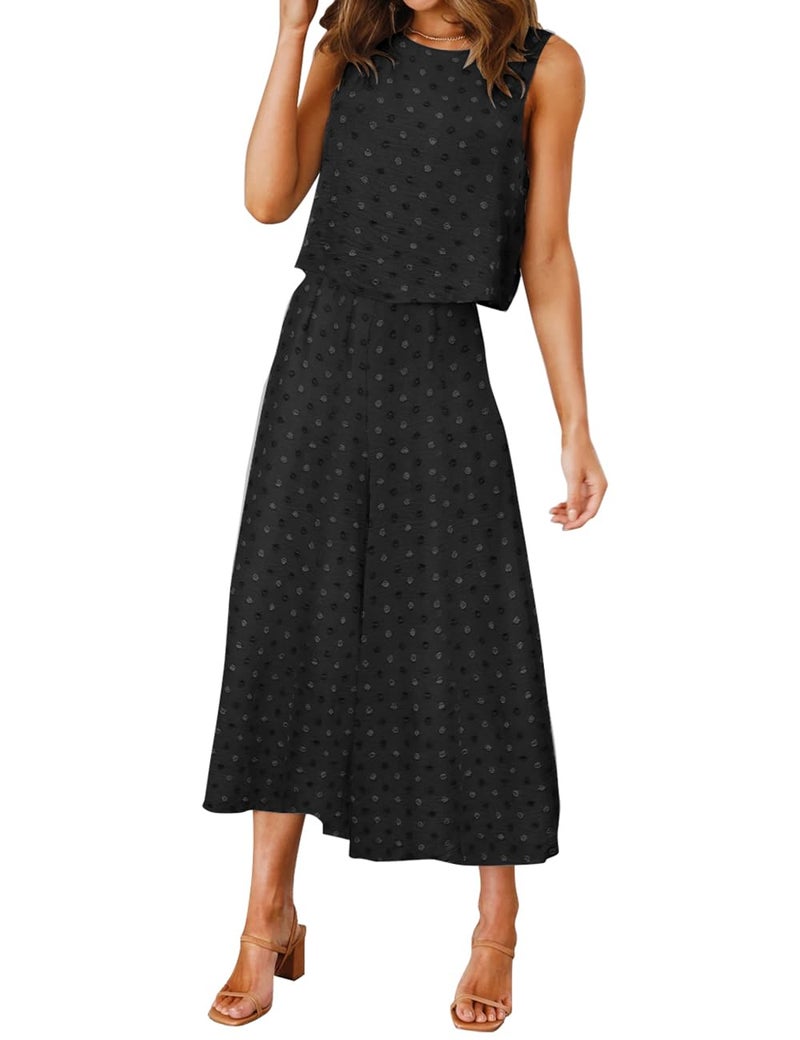 ROYLAMP Women's Summer 2 Piece Outfits Round Neck Crop Basic Top Cropped Wide Leg Pants Set Jumpsuits Black Swiss Dot XS - Image 2