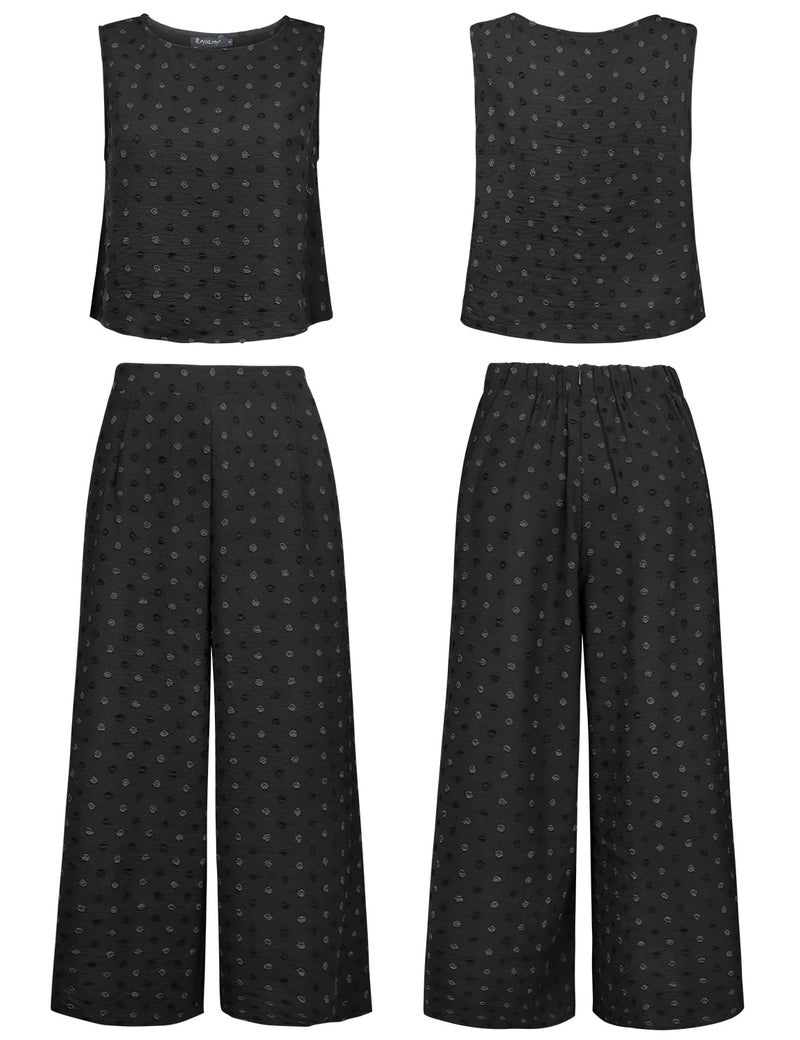 ROYLAMP Women's Summer 2 Piece Outfits Round Neck Crop Basic Top Cropped Wide Leg Pants Set Jumpsuits Black Swiss Dot XS - Image 5
