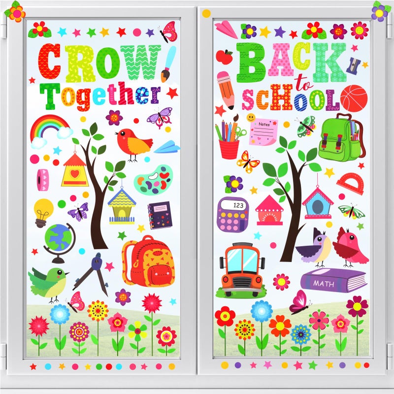 هواف Howaf العودة إلى نافذة المدرسة COLINGS 9 أوراق تنمو معا النافذة شارات الزخارف على الوجهين زهرة الحافلة البومة ملصقات النافذة في اليوم الأول من ملصقات المدرسة للترحيب مرة أخرى ديكور المدرسة 139pcs - Image 1