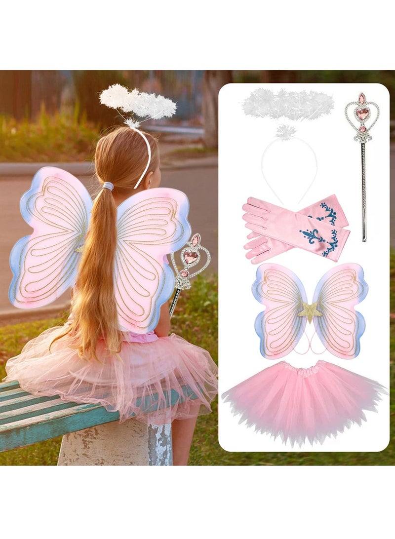 وانغبانغزي 5 قطع زي فراشة خرافية للفتيات مجموعة أزياء تنكرية للأميرات مع أجنحة، تنورة توتو، عصا سحرية، غطاء رأس، قفازات للفتيات من 3 إلى 6 سنوات باللون الوردي - Image 1