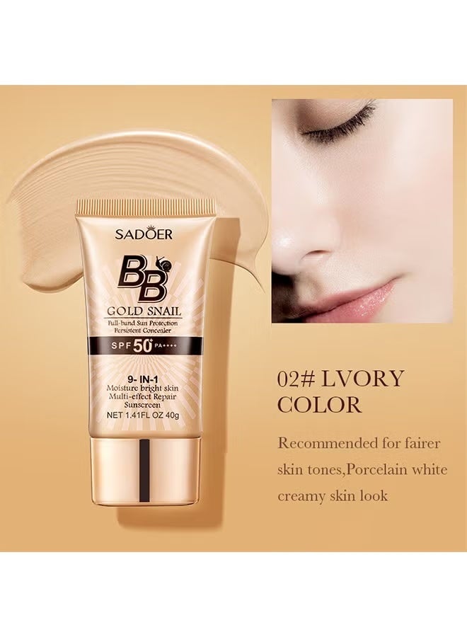 SADOER BB Gold Snail Cream with SPF 50, 9 in 1 BB Cream Sunscreen SPF 50 Waterproof Sweatproof, Foundation Full Coverage Tinted Moisturizer, Facial Concealer for Oily Skin, Dry Skin （Ivory 40g） - Image 2