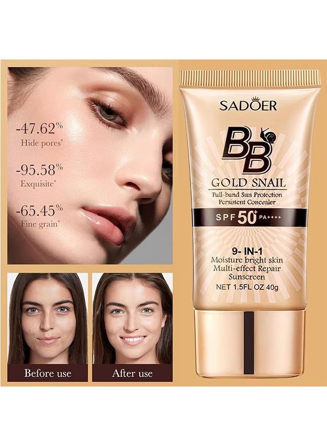 SADOER BB Gold Snail Cream with SPF 50, 9 in 1 BB Cream Sunscreen SPF 50 Waterproof Sweatproof, Foundation Full Coverage Tinted Moisturizer, Facial Concealer for Oily Skin, Dry Skin （Ivory 40g） - Image 3