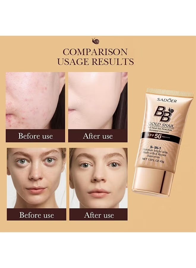 SADOER BB Gold Snail Cream with SPF 50, 9 in 1 BB Cream Sunscreen SPF 50 Waterproof Sweatproof, Foundation Full Coverage Tinted Moisturizer, Facial Concealer for Oily Skin, Dry Skin （Ivory 40g） - Image 4