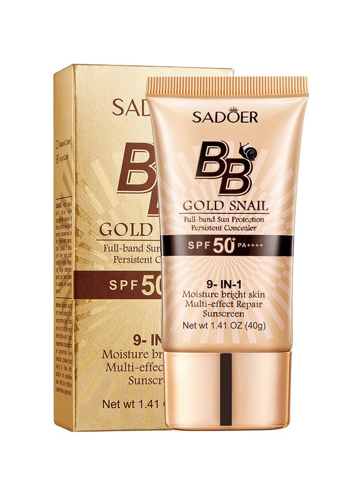 SADOER BB Gold Snail Cream with SPF 50, 9 in 1 BB Cream Sunscreen SPF 50 Waterproof Sweatproof, Foundation Full Coverage Tinted Moisturizer, Facial Concealer for Oily Skin, Dry Skin （Ivory 40g） - Image 1