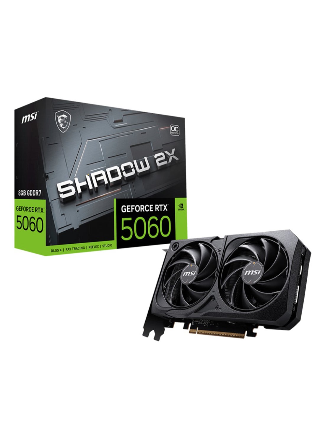 MSI GeForce RTX 5060 8G SHADOW 2X OC Graphics Card, 8GB GDDR7, 128-bit, 3840 CUDA Cores, Blackwell Architecture, Boost Clock 2535 MHz, 28 Gbps Memory Speed, HDMI 2.1b + 3x DisplayPort 2.1b, Dual TORX Fan 5.0 Cooling, 8K Support, Ray Tracing, DLSS, DirectX 12 Ultimate, 145W TDP, 8-Pin Power | 912-V537-019