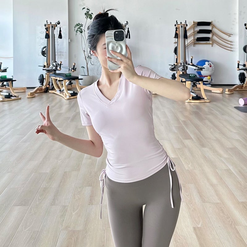 Generic Yoga Clothing Womens Summer Sports Top Slim-fit T-shirt V-neck Pleated Waist Short-sleeved Pilates Training Fitness Clothing shellfish chestnut powder