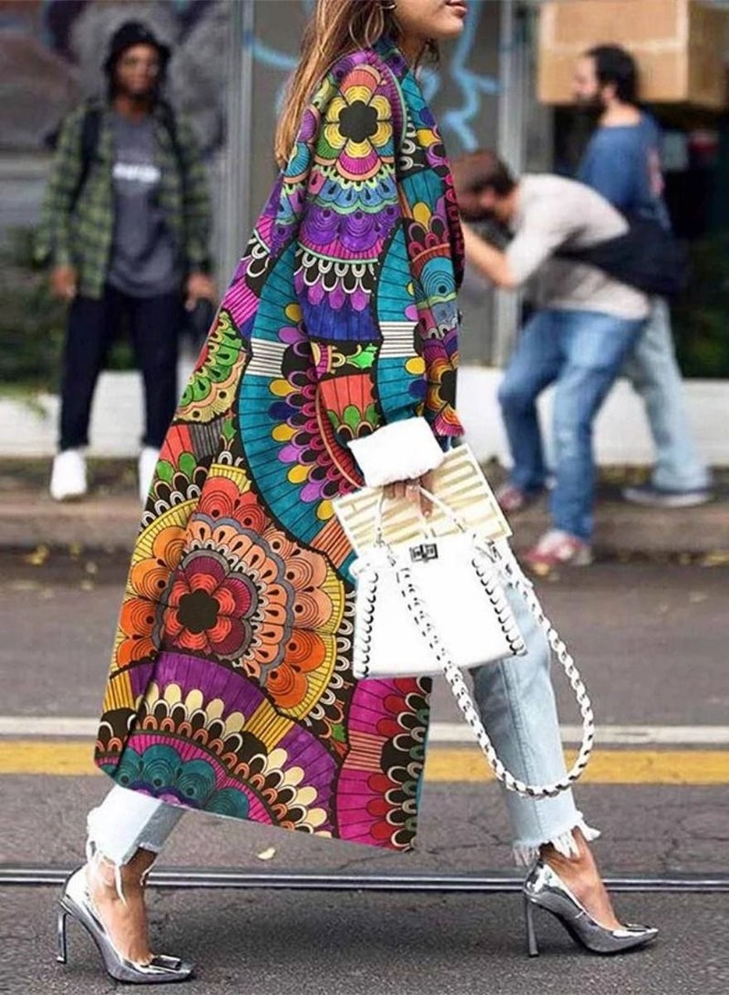 Loquat Women's Long Sleeve Lapel Coat Printed Long Multicolour 