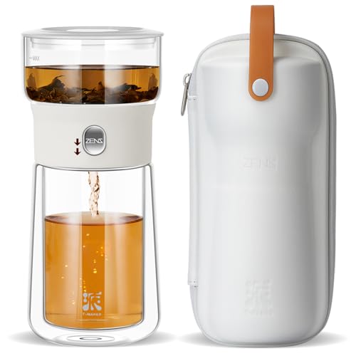 ZENS Modern Tea Pot, Glass Teapot with Infusers for Loose Tea Diffusers with One Touch Pouring, Cool Portable Tea Maker with Insulated Tea Mug and Travel Tea Kits for Tea Lover Gifts - Image 1
