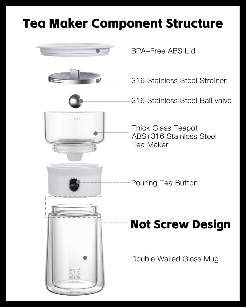 ZENS Modern Tea Pot, Glass Teapot with Infusers for Loose Tea Diffusers with One Touch Pouring, Cool Portable Tea Maker with Insulated Tea Mug and Travel Tea Kits for Tea Lover Gifts - Image 5
