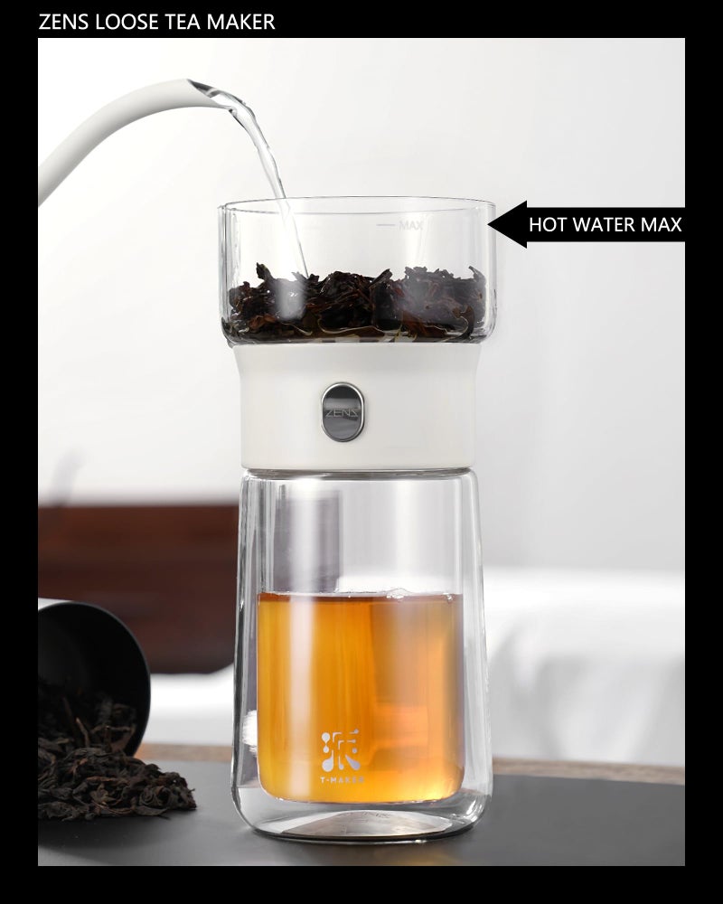 ZENS Modern Tea Pot, Glass Teapot with Infusers for Loose Tea Diffusers with One Touch Pouring, Cool Portable Tea Maker with Insulated Tea Mug and Travel Tea Kits for Tea Lover Gifts - Image 2