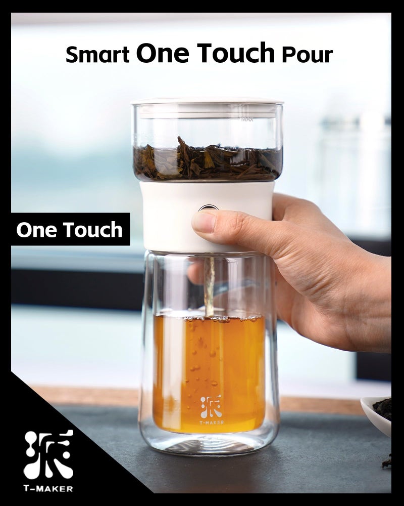 ZENS Modern Tea Pot, Glass Teapot with Infusers for Loose Tea Diffusers with One Touch Pouring, Cool Portable Tea Maker with Insulated Tea Mug and Travel Tea Kits for Tea Lover Gifts - Image 3